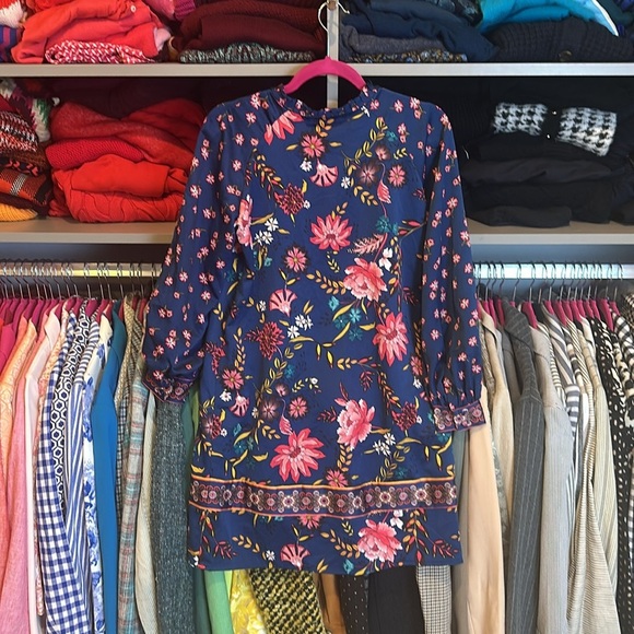 Loft blue and pink floral print long sleeve mock ruffle neck dress size XS - Picture 3 of 3
